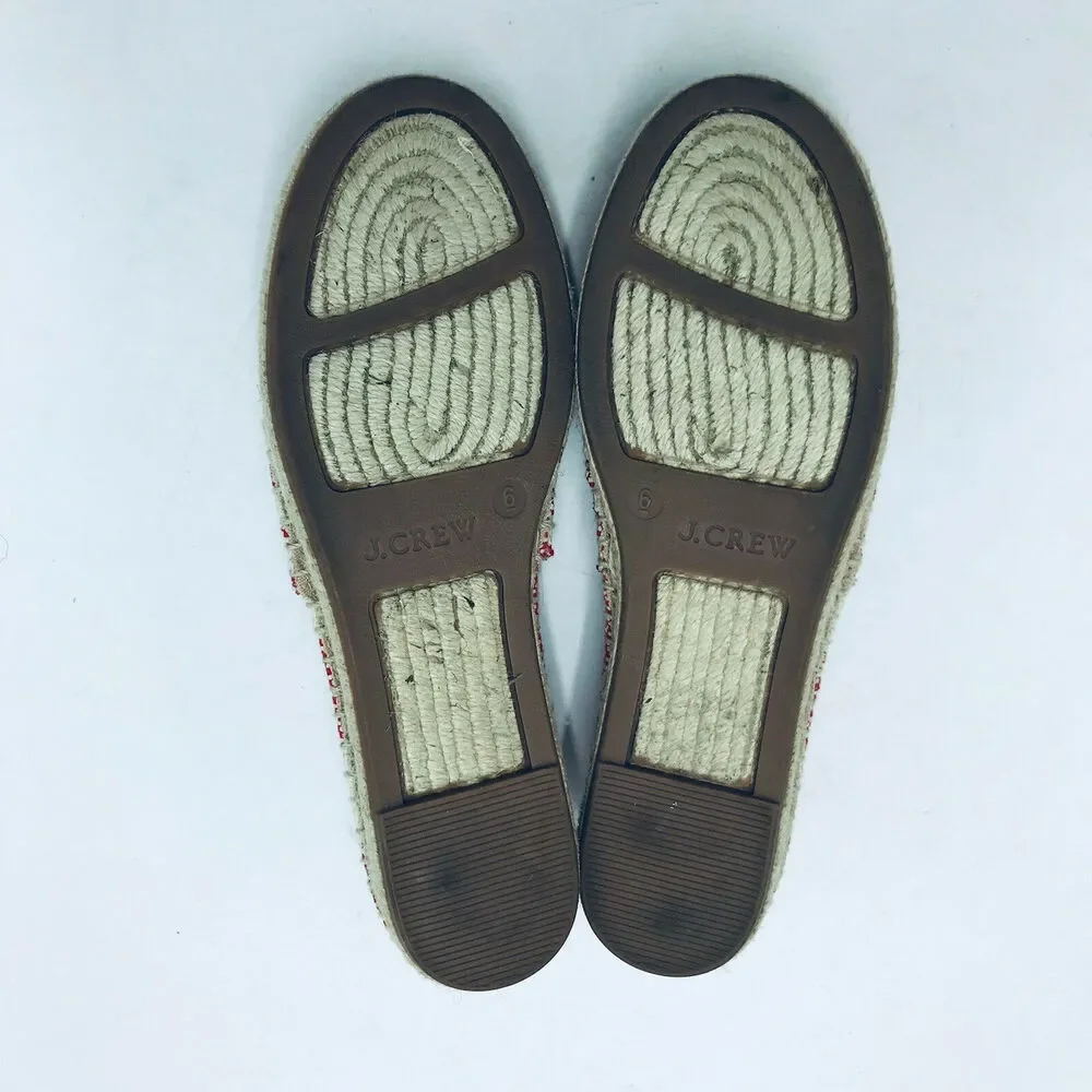 J Crew Women's 6 Island Espadrilles Slip On Flats Red Striped Parrot Palm Tree